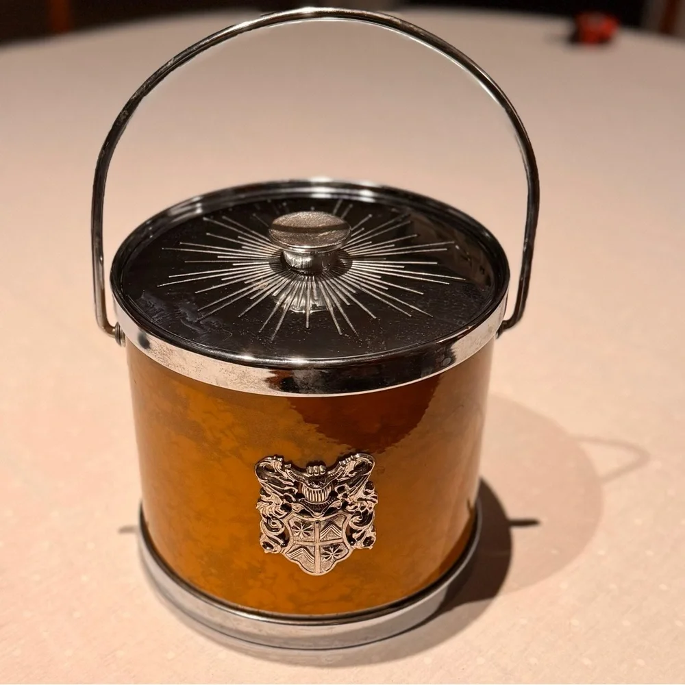 Mid century modern ice bucket Brown & Silver Ice Bucket with lid VINTAGE